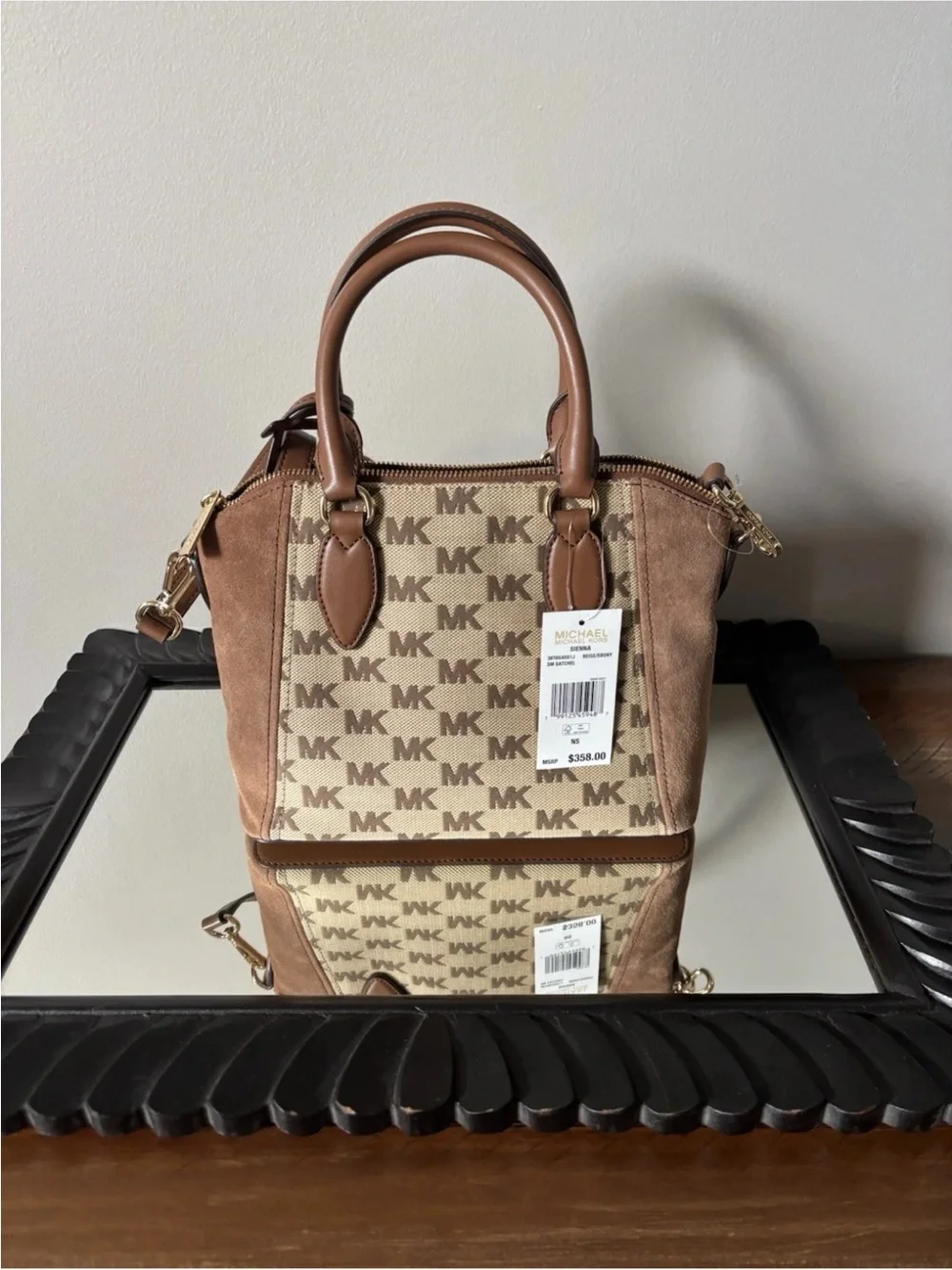 Michael Kors Tan and Brown MK Logo Satchel with Suede Panels